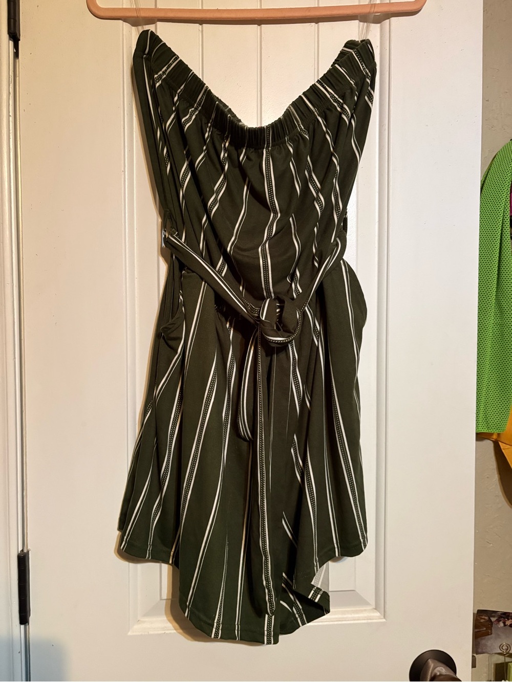 Striped Olive Green Off-Shoulder Dress with Tie Waist